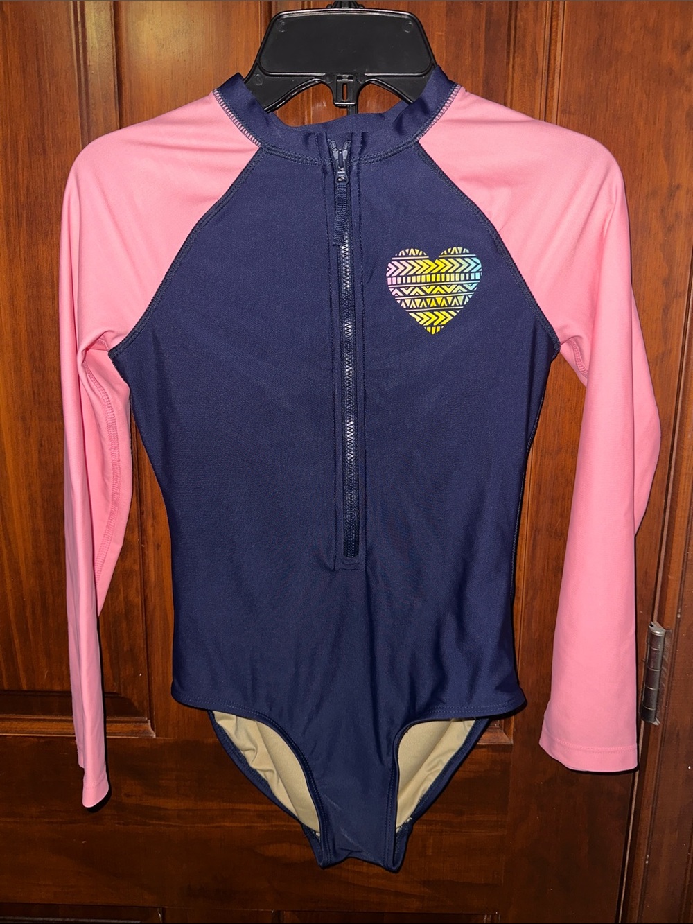 Old Navy Navy and Pink Long-Sleeve One-Piece Swimsuit with Heart Detail